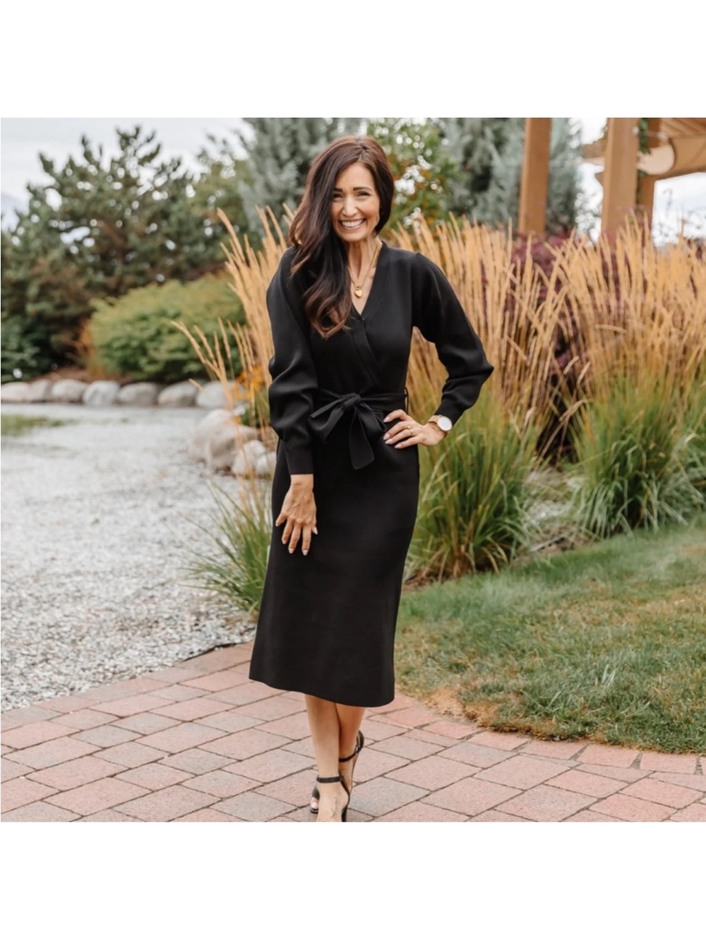 NWT SMASH+TESS TORI SWEATER Black Wrap Midi Dress with Self Tie Waist